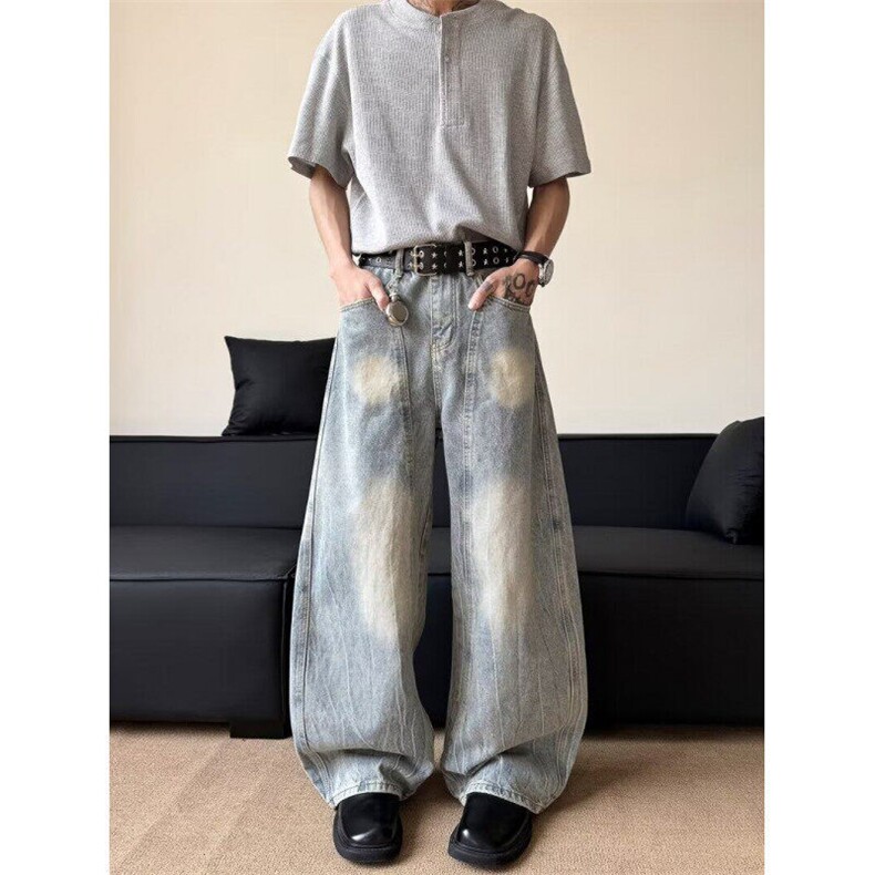 弯刀牛仔裤男美式宽松设计感水洗解构阔腿裤子6071P52，男装牛仔裤，星座410-2