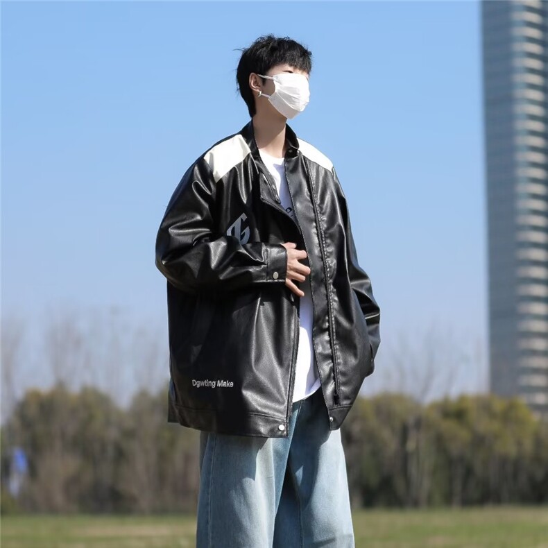 美式高街皮衣男韩版潮流字母刺绣帅2023秋冬新款ins外套W5049-P61图片