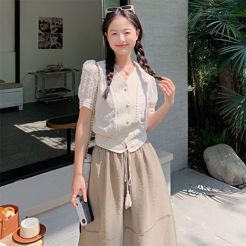 夏季港风小众设计V领提花上衣半身裙两件套女夏新款宽松休闲套装,女装套装/套裙,一九零