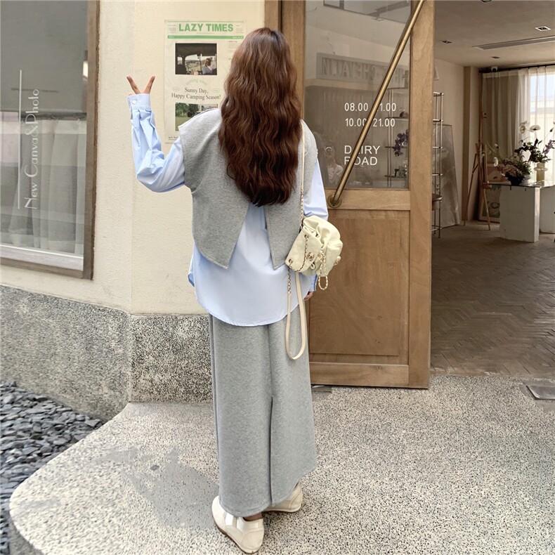 2025秋季新款休闲百搭不规则设计感宽松卫衣马甲衬衫半身裙三件套,女装套装/套裙,2C053