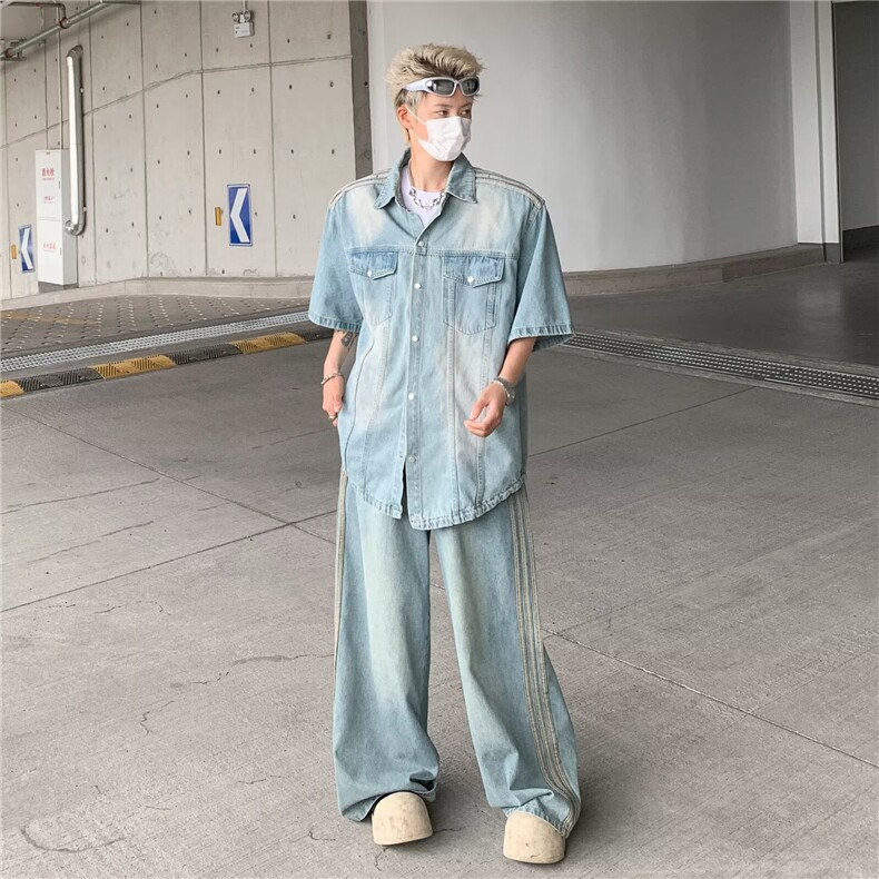 2025夏新款垫肩短袖牛仔衬衫C1022P65,男装T恤,星座1108