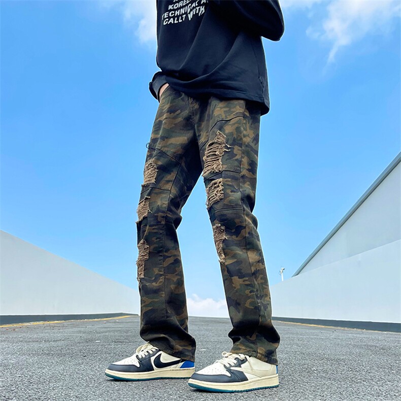 vibe潮高街破洞裤子美式街头vintage潮流复古做旧迷彩牛仔裤男,男装牛仔裤,星座410-7