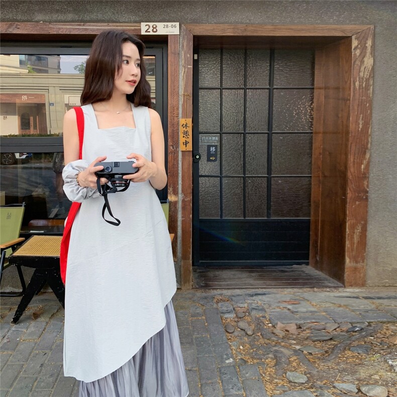 假两件撞色拼接无袖背心连衣裙女夏2025新款独特漂亮绝美显瘦长裙,女装连衣裙,1C071-1