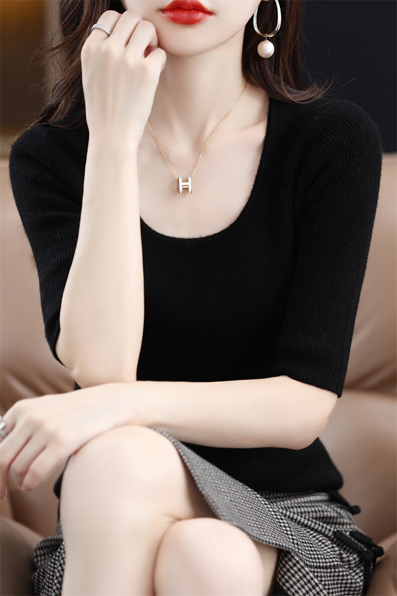 圆领短袖女2024夏新款韩版宽松中袖内搭打底针织衫,女装T恤,斯尔特羊绒