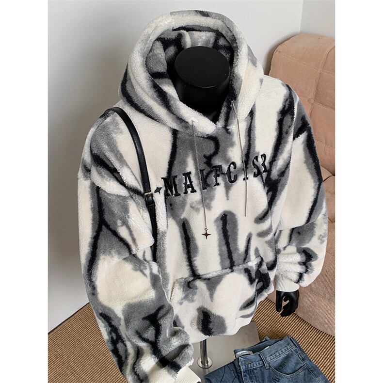 水墨扎染羊羔绒连帽卫衣复合超柔绒750克连帽棉衣XZ301AY05P95,男装棉衣,星座301A