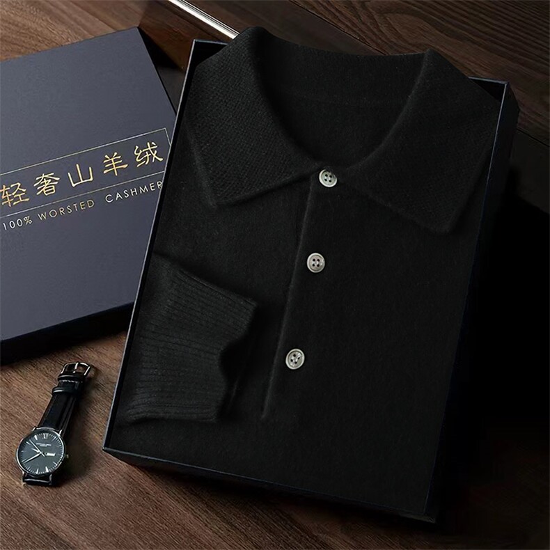 男士秋冬季新款简约休闲POLO3扣衬衫35%羊绒衫长袖,男装羊绒套衫,台绒羊绒