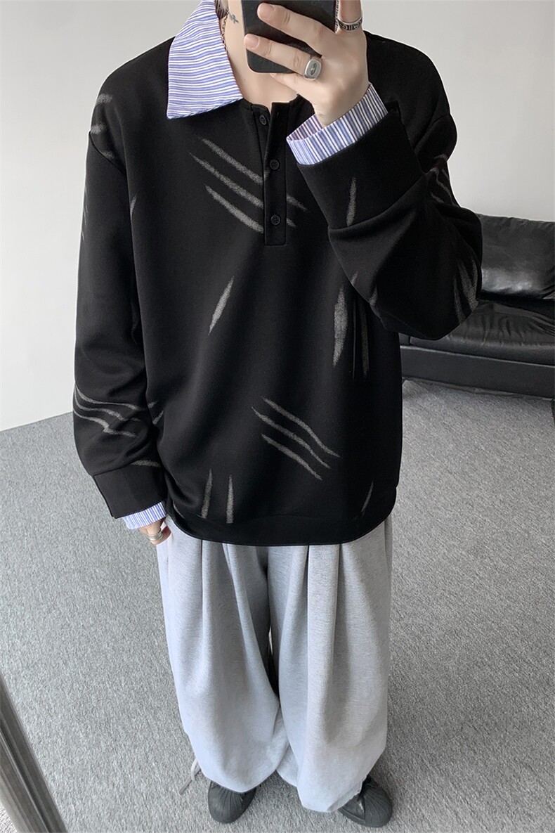 猫爪布假两件条纹拉链衬衫领休闲春款卫衣高街休闲学院卫衣特P55,男装卫衣,电商B319