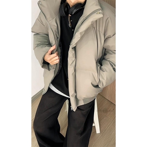 现货5W件冬季三防重磅硬挺boxy短款羽绒立领PU皮棉衣外套加厚棉服图片