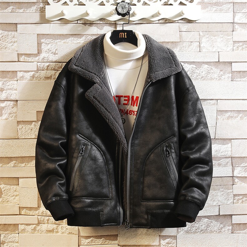 皮毛一体秋冬季羊羔绒立领外套两面穿加厚机车皮夹克8909p225，男装夹克，电商A203-1