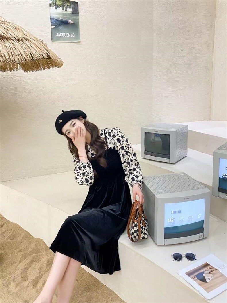 印花磨毛拼接丝绒裙，其它，Balance Studio