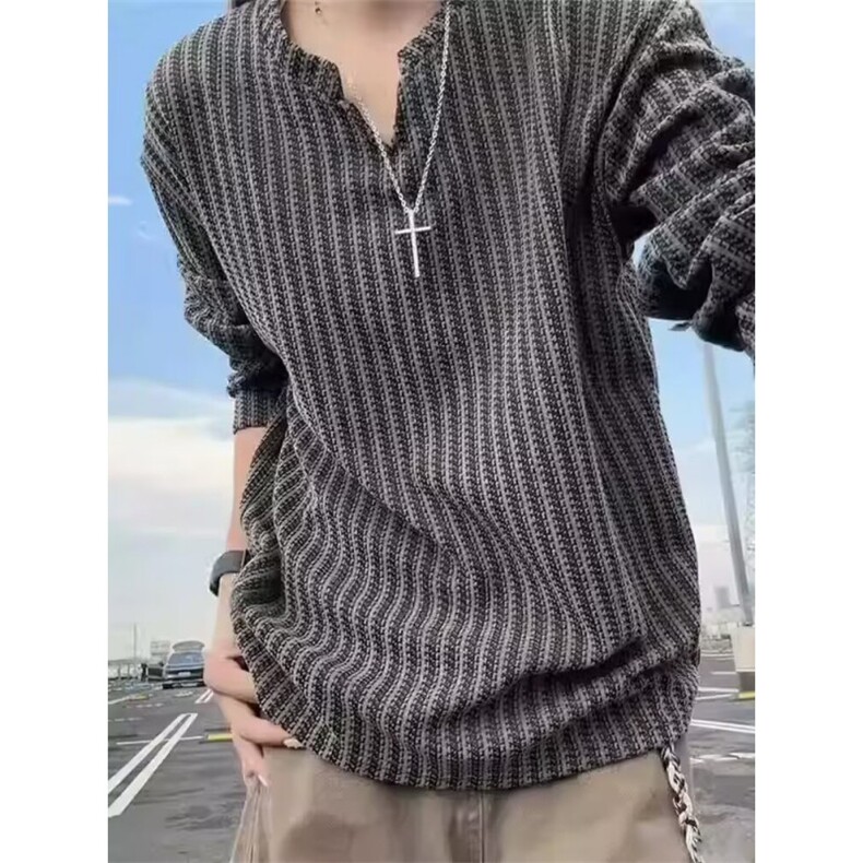 港风春款男女小V领卫衣条纹提花T恤外套WY576P48,男装T恤,星座1013-1