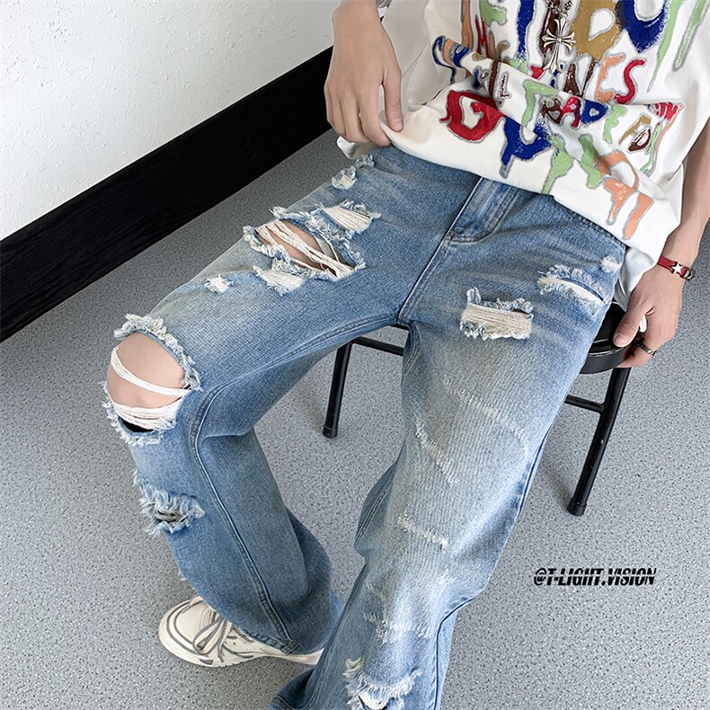 B221美式ins高街暗黑小众设计直筒破洞牛仔裤LK23074-P65控88,男装牛仔裤,电商B221