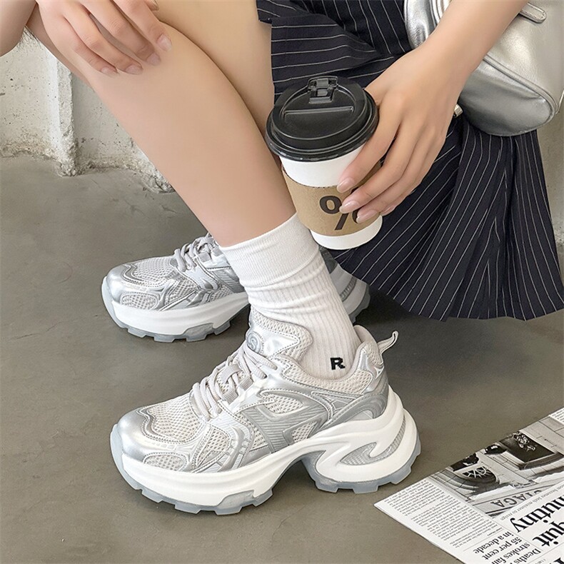 增高银色老爹鞋女2024春夏季新款百搭真皮休闲运动ins潮,女鞋休闲鞋,电商A223