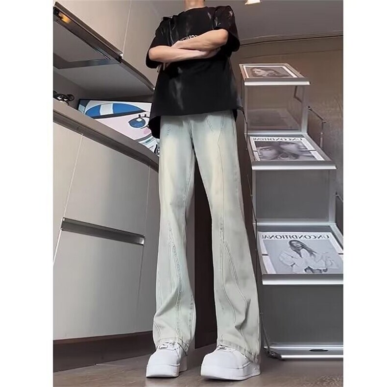 黑色微喇牛仔裤男生秋季高街痞帅直筒弯刀裤水洗做旧显瘦休闲长裤,男装牛仔裤,星座1008