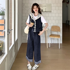 韩系蕾丝减龄套装女2025夏新款穿搭连帽马甲短袖T恤阔腿裤三件套，女装套装/套裙，2C133