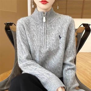 重磅加厚立领100%纯羊毛衫女半开拉链扭花毛衣宽松羊绒衫打底上衣图片
