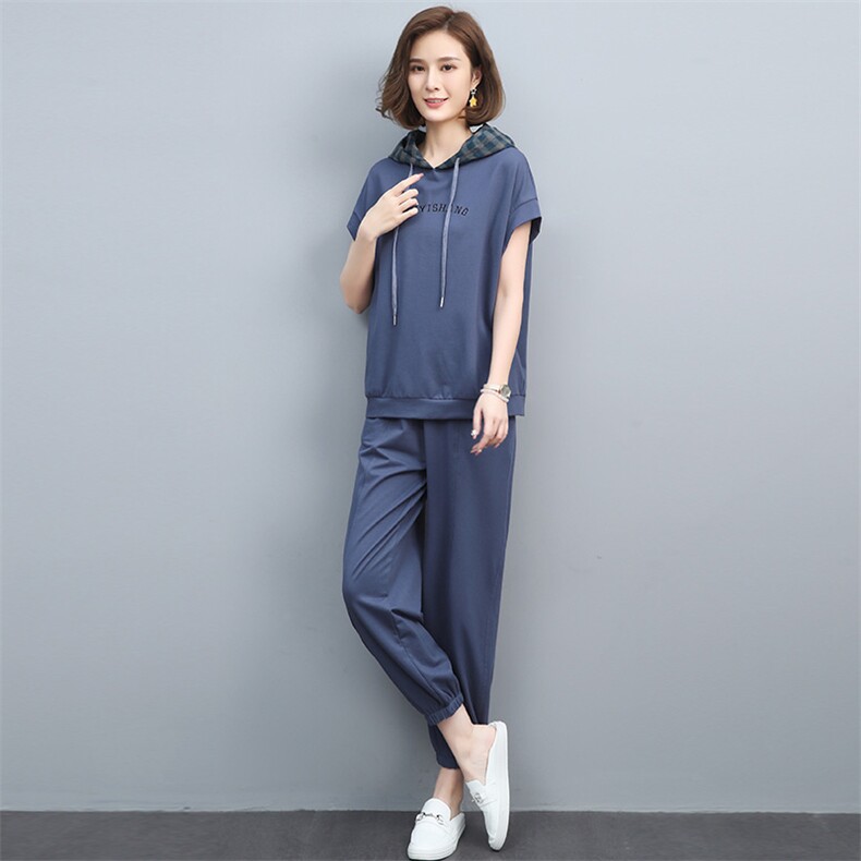 2021夏季新款简约时尚气质连帽宽松休闲舒适两件套,女装套装/套裙,丽影随形
