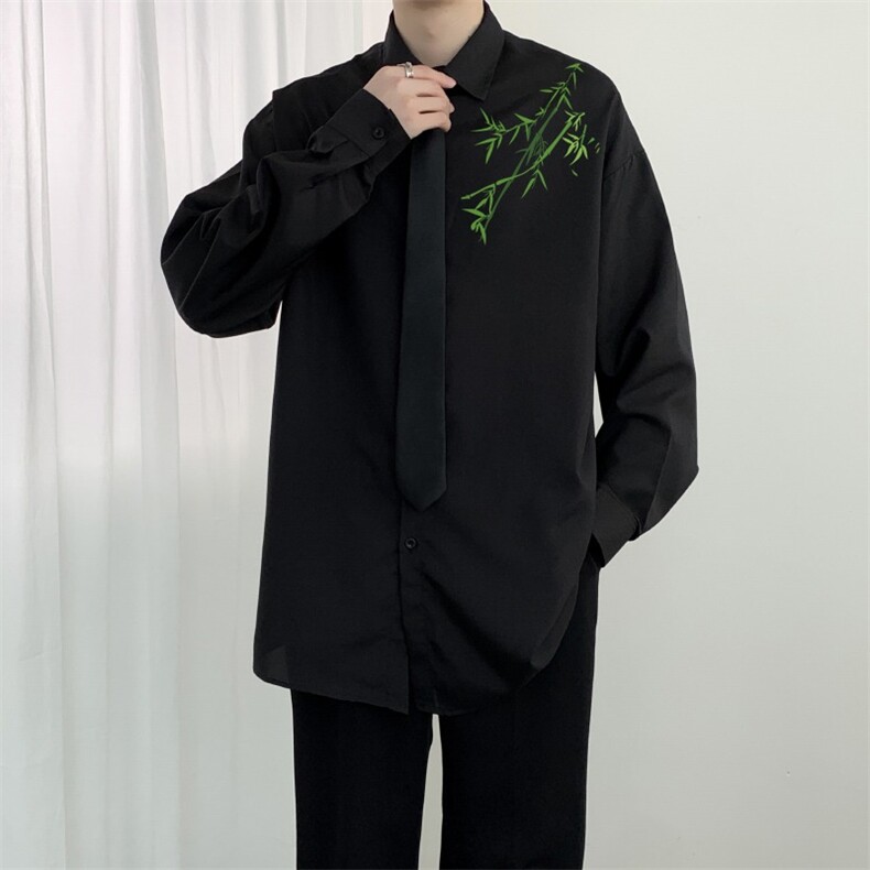 风新中式衬衫男长袖设计感竹子衬衣潮流宽松痞帅外套~CS113,男装衬衫,星座601-2