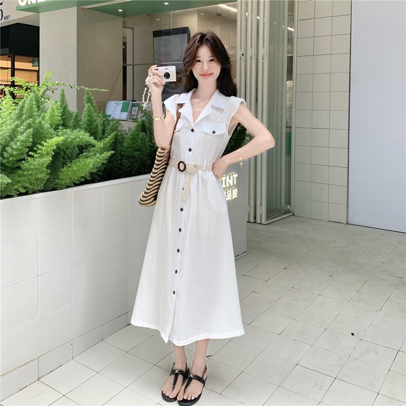 法式V领无袖衬衫裙显瘦连衣裙女2025年夏季新款气质工装风长裙子图片