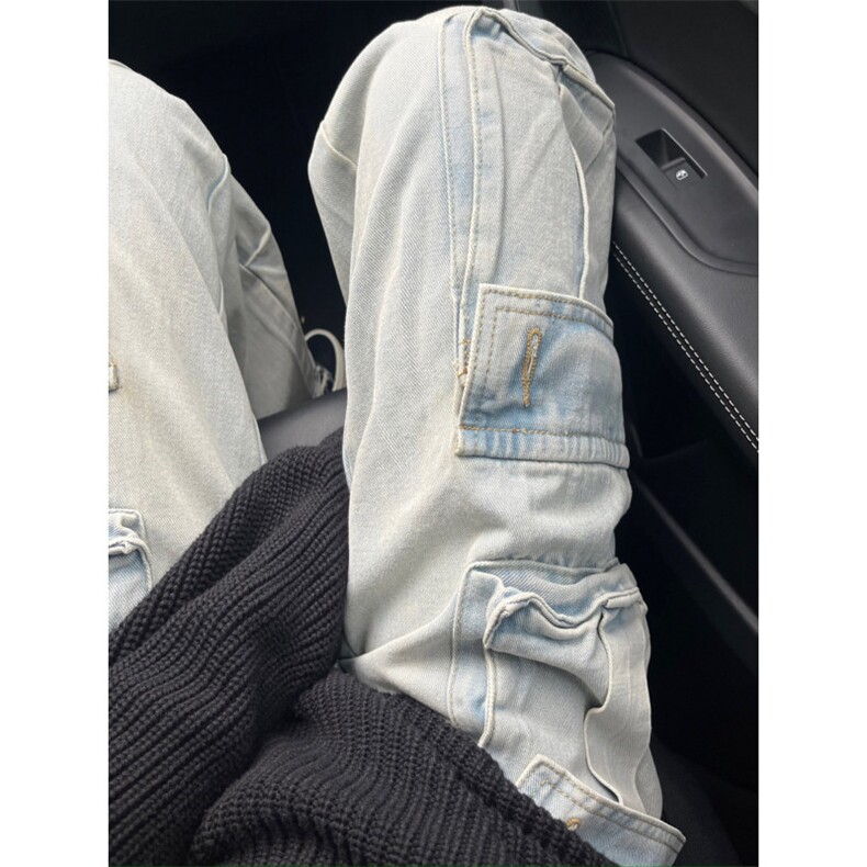 【有货】浅蓝色多口袋工装牛仔裤男款宽松美式裤子K8034LL-特P56图片