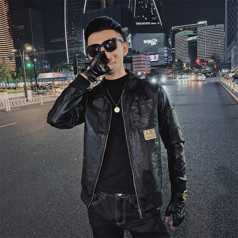 休闲修身翻领韩版机车服痞帅社会小伙水洗皮衣夹克D809-P118控148,男装皮衣,星座308A