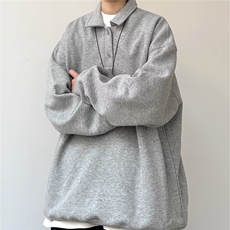 灰色Polo领加绒卫衣男秋冬季复古男士宽松美式翻领长袖上衣，男装卫衣，星座506A