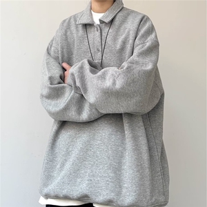 灰色Polo领加绒卫衣男秋冬季复古男士宽松美式翻领长袖上衣
