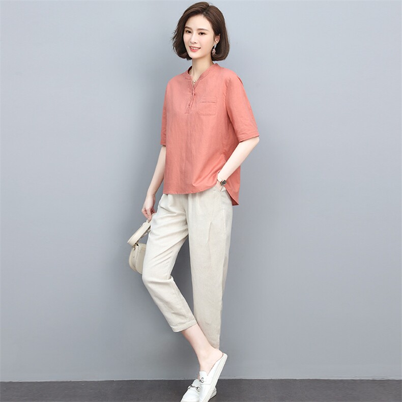 （新款）2024年夏时尚两件套装女亚麻棉刺绣上衣小脚裤图片