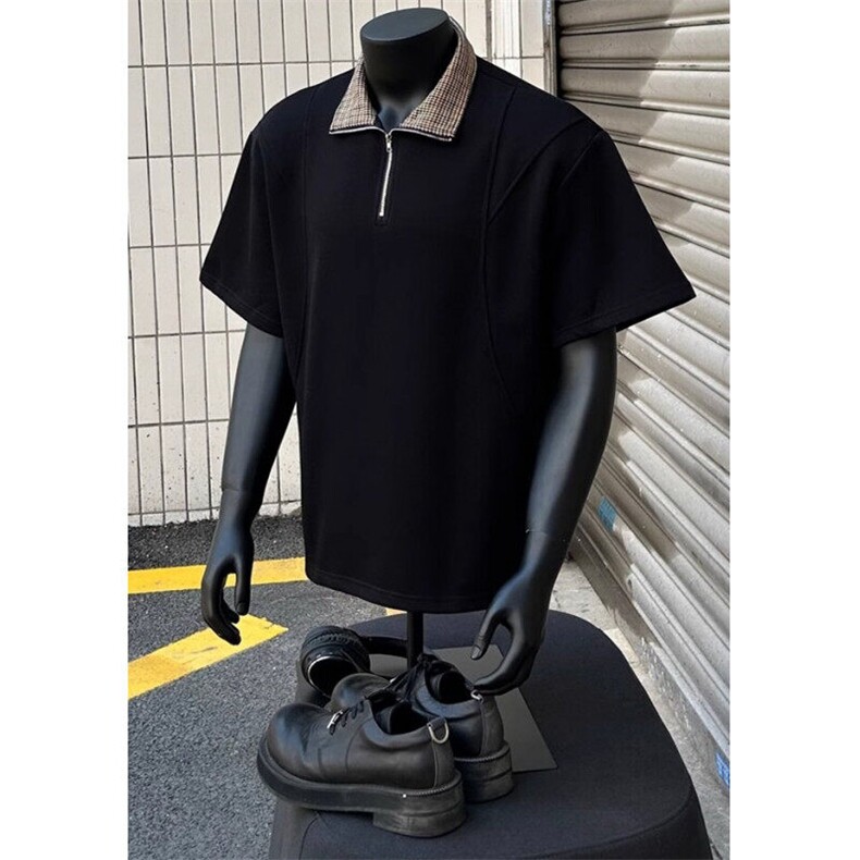 千鸟格拼接短袖polo衫男夏季老钱风半袖t恤痞帅五分袖 T2506图片