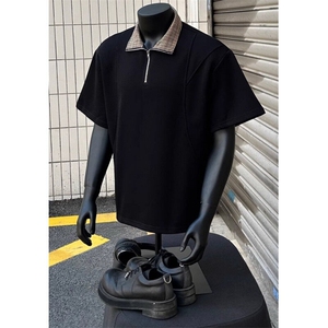 千鸟格拼接短袖polo衫男夏季老钱风半袖t恤痞帅五分袖 T2506图片
