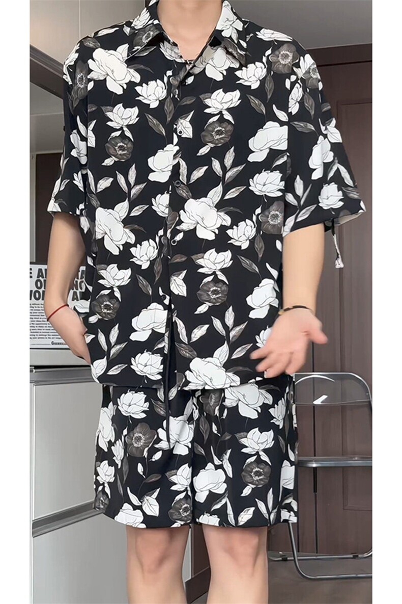 短袖衬衫男+短裤男套装男100%聚酯纤维M-5XL大码TZ78709P50控98,男装休闲套装,星座226-1