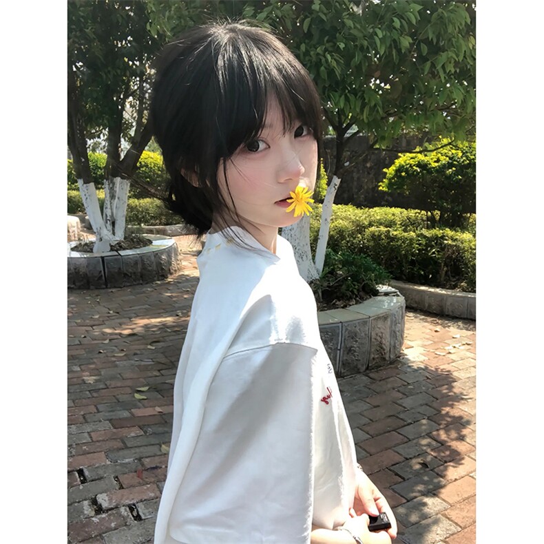美式高街彩色刺绣正肩t恤男夏季白色短袖宽松学院风情侣休闲上衣,男装T恤,星座506A
