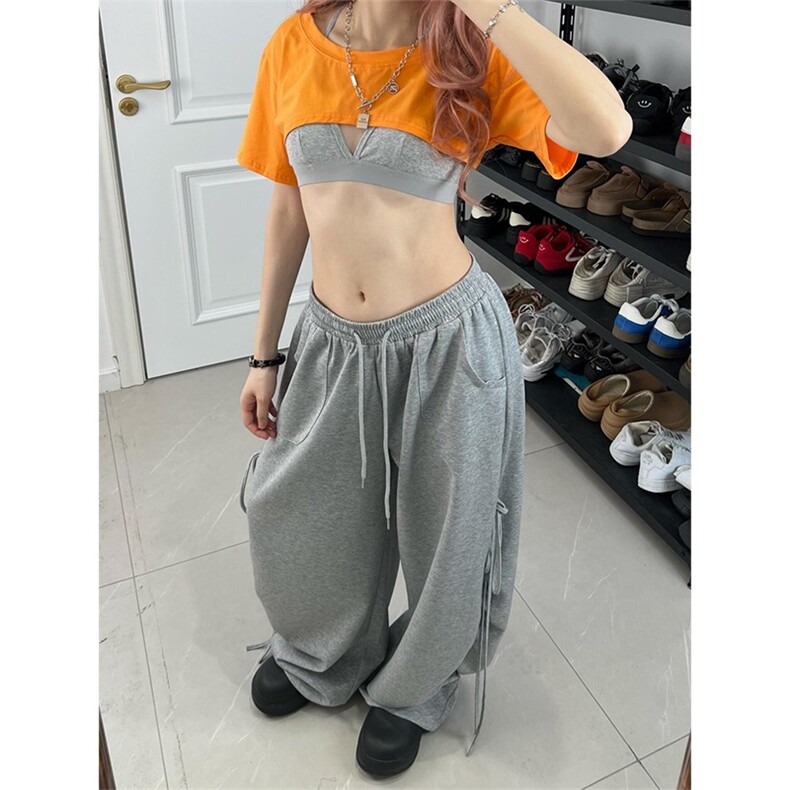 慵懒辣妹低腰灰色运动裤女设计感绑带抽绳爵士街舞嘻哈阔腿裤,女装休闲裤,星座1210-1
