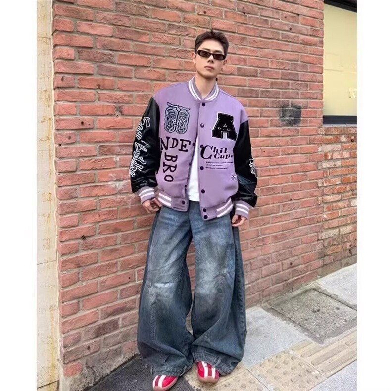 A202-P65美式复古字母刺绣拼色棒球服夹克男女宽松潮牌立领,男装夹克,电商B323A