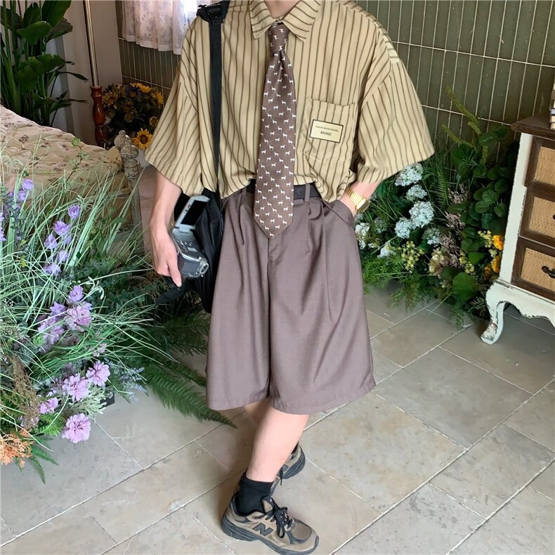 夏季新款氛围感纸片人宽松短袖衬衣女复古宽松冰感条纹衬衫女,男装T恤,星座1210-1