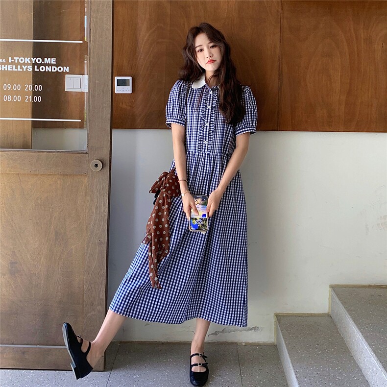 【新款】学院风娃娃领格子连衣裙2D145-Y2505-P125-控188,女装连衣裙,2D145