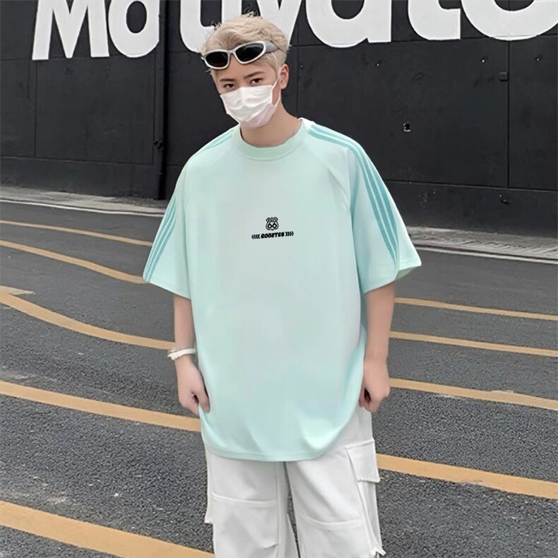 抖音得物品质二开240克宽松纯棉美式潮牌印花三条杠中性风短袖T恤,男装T恤,电商A486