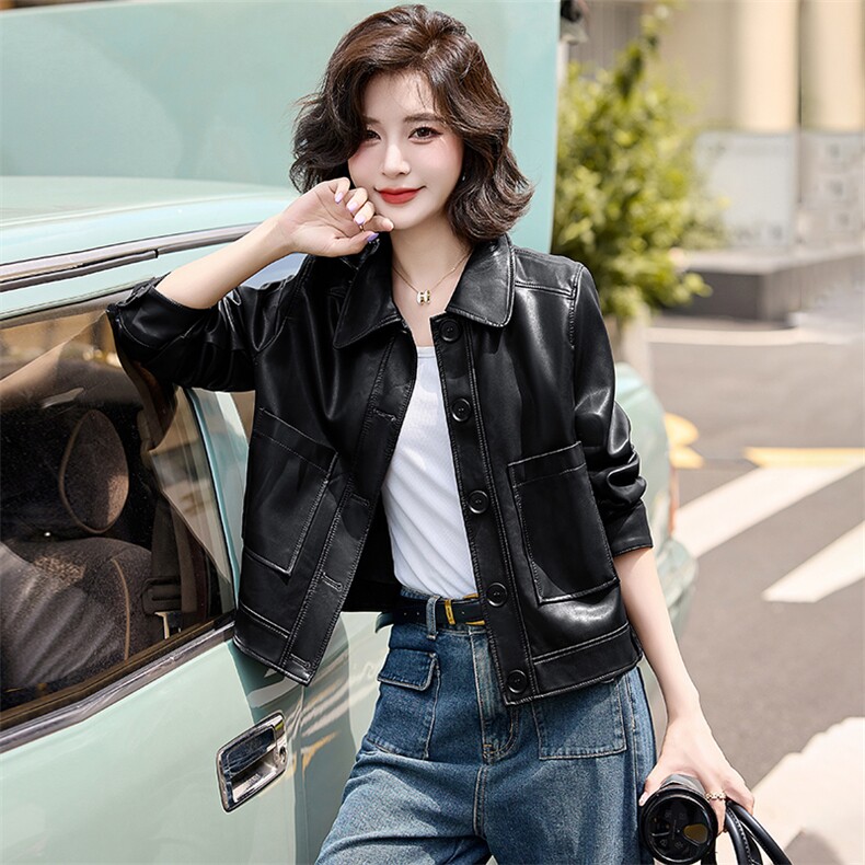 现货新款海宁皮衣女短款高级仿绵羊皮长袖时尚翻领夹克外套春秋，女装皮衣，跑量工厂店