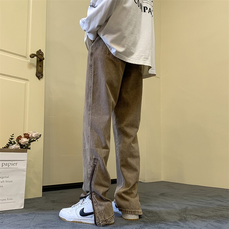 欧美vibe高街拉链裤子棕咖色牛仔裤男美式复古宽松K716P65,男装牛仔裤,电商D325