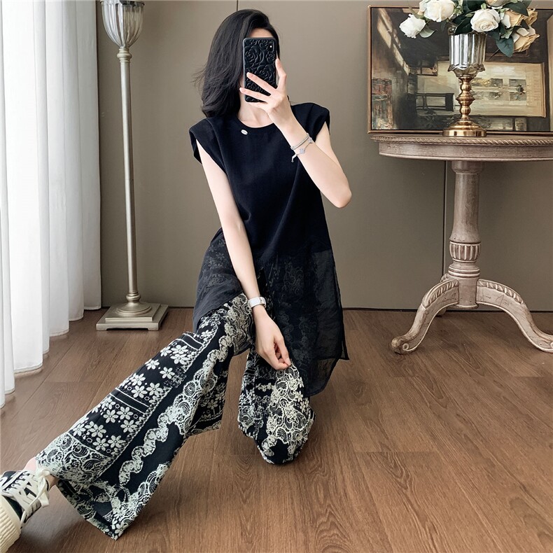 设计感小众时尚气质套装女夏圆领网纱拼接无袖上衣碎花长裤两件套,女装套装/套裙,江南