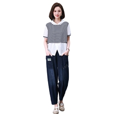 时尚休闲条纹连帽刺绣套装女宽松显瘦百搭两件套，女装套装/套裙，叶笙衣