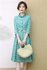 春秋新款纯棉印花衬衫式连衣裙拼花边立领七分袖文艺大摆裙，女装连衣裙，木橙西子