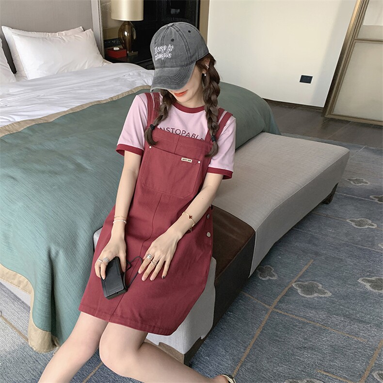 学院风火龙果色背带连衣裙女夏2025新款休闲宽松少女两件套装裙子,女装套装/套裙,2C201
