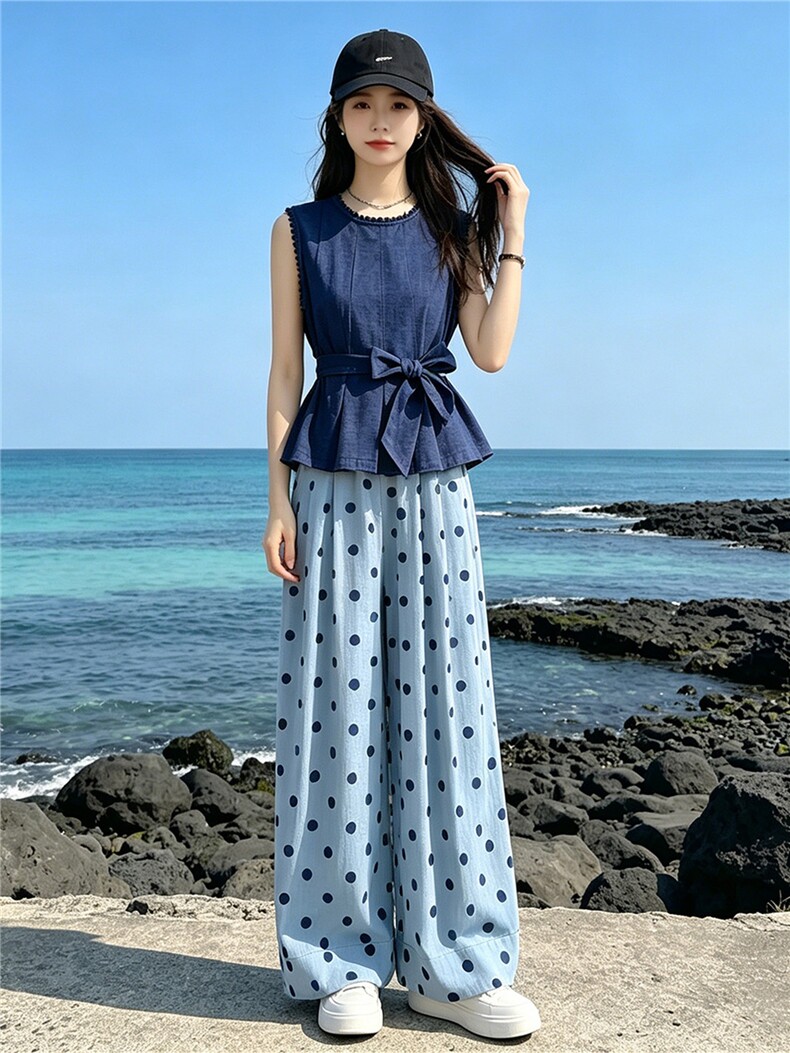 松弛感时尚洋气套装女夏季新款圆领无袖收腰上衣波点阔腿裤两件套,女装套装/套裙,江南