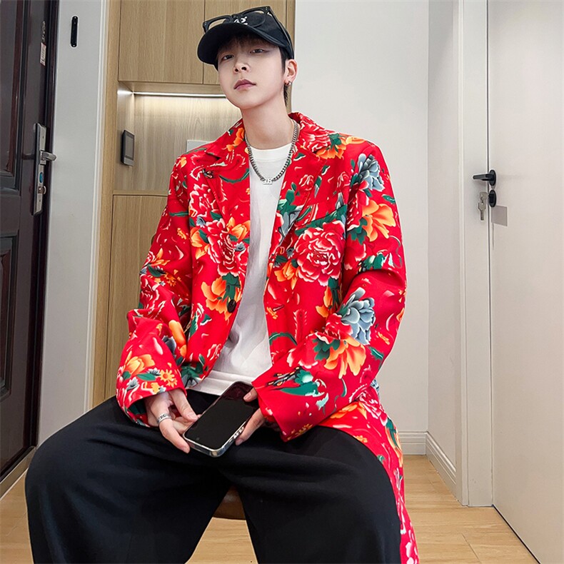 Y001男士中长款休闲风衣外套东北大花帅气外衣潮大码M-5XL，男装风衣，星座115A(原星座507）