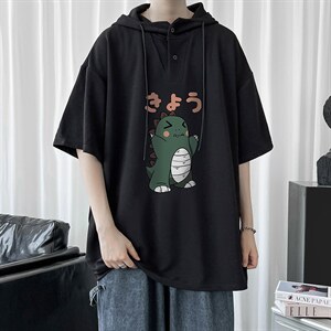 LD54037-P45 连帽短袖t恤男大码胖子带帽五分袖中袖图片
