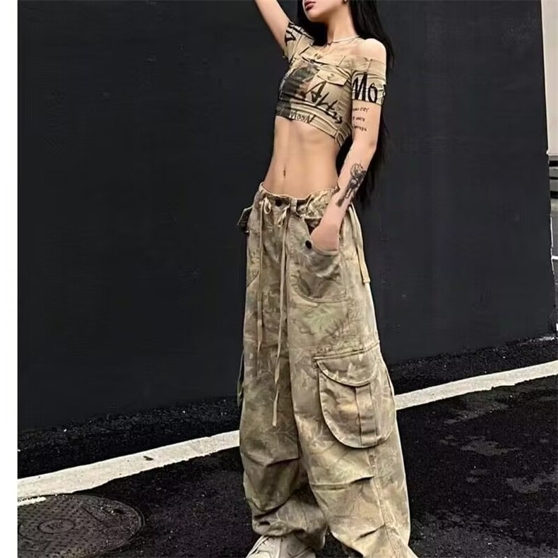 新款美式复古浅色系迷彩多口袋工装松紧长裤女宽松显瘦阔腿流行,男装工装外套,星座218-1（原230）