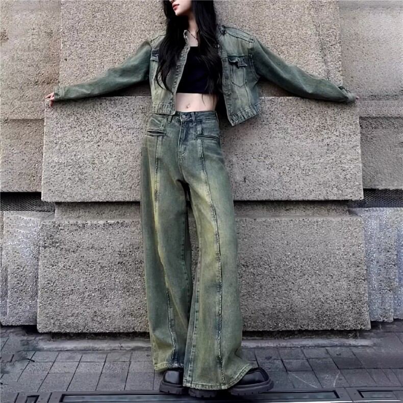 美式复古阔腿牛仔裤女2025秋冬新款高腰宽松显瘦直筒弯刀拖地裤子,男装牛仔裤,星座506A