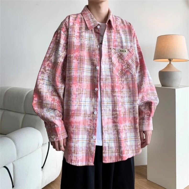 美式复古条纹格子衬衫男长袖秋季穿搭古着vintage高级感情侣衬衣,男装衬衫,星座715-4
