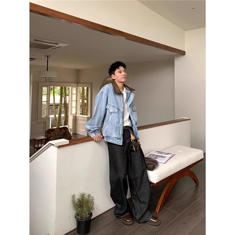 2575-P74男道美式高街廓形水洗牛仔翻领夹克男女春季新款,男装T恤,电商B323A